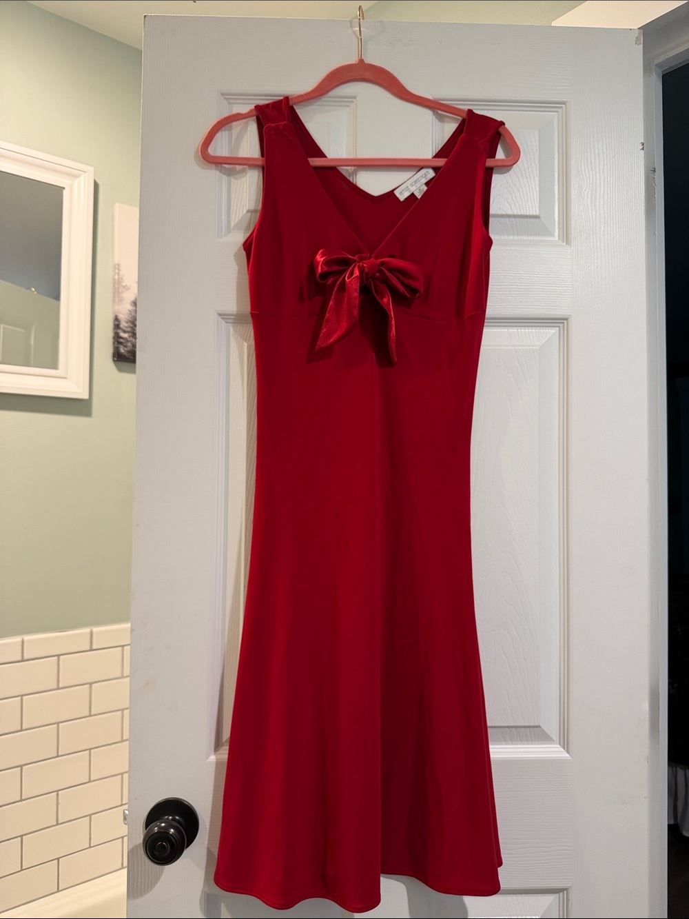 Petite Sophisticate Red V-Neck Midi Dress with Satin Front Bow